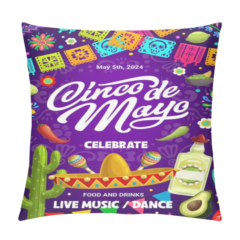 Personality  Cinco De Mayo Holiday Flyer Or Banner For Mexican Fiesta Celebration, Vector Background. Mexico 5 May Holiday Festival Or Party Event Poster With Sombrero, Tequila, Avocado And Papel Picado Flags Pillow Covers