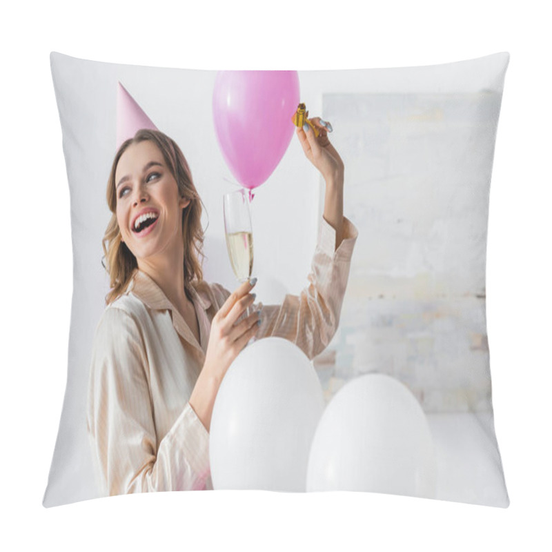 Personality  Smiling Woman With Party Horn And Champagne Celebrating Birthday Near Balloons At Home  Pillow Covers