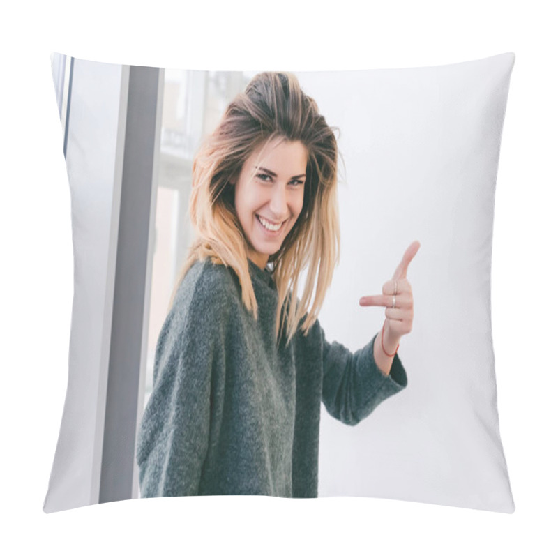 Personality  Girl With Thick Hair Smiles And Shows Indecent Sign With Fingers Pillow Covers