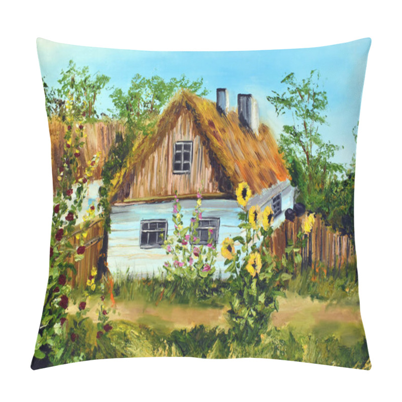 Personality  Oil Painting Village House. Drawing Paints A Rustic Motif. Pillow Covers