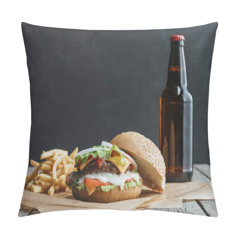 Personality  Traditional Homemade Hamburger, French Fries And Bottle Of Beer On Baking Paper On Wooden Tabletop Pillow Covers