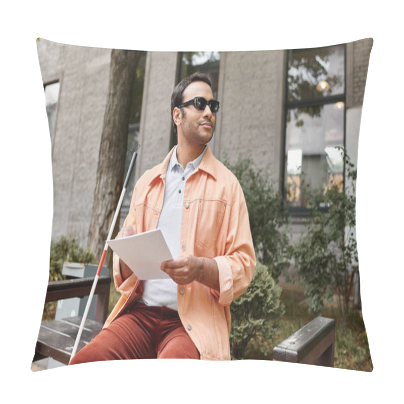 Personality  Cheerful Indian Man With Visual Impairment With Glasses Sitting On Bench And Reading Braille Code Pillow Covers