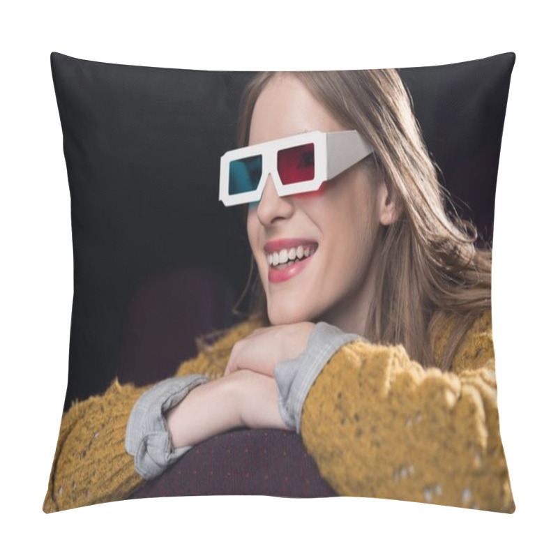 Personality  Young Woman In 3d Glasses Watching Movie In Cinema Pillow Covers