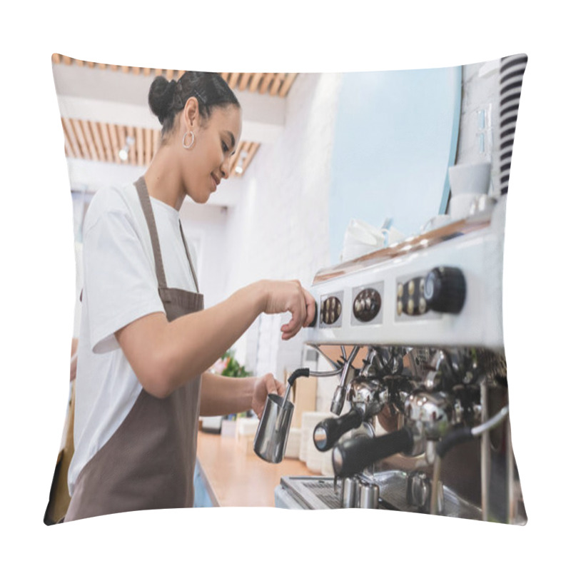 Personality  Side View Of Young African American Barista Making Coffee On Machine In Sweet Shop  Pillow Covers