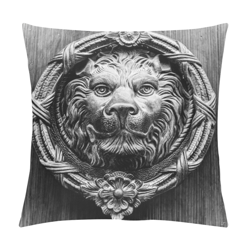 Personality  Door With Brass Knocker In The Shape Of A Lion,  Beautiful Entrance To The House, Vintage Decoration Pillow Covers