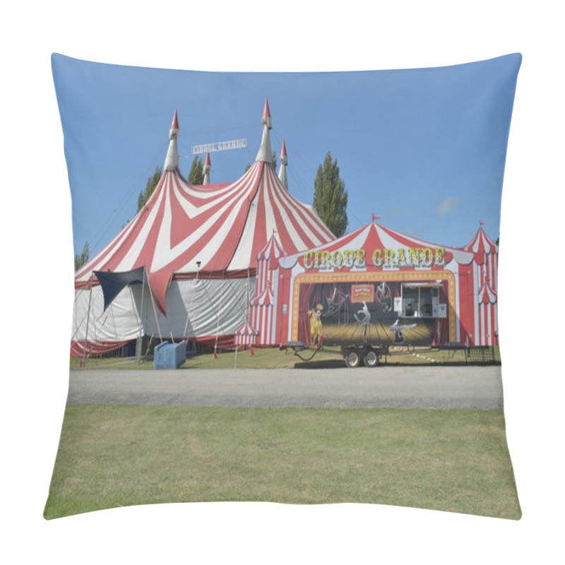 Personality  AUCKLAND, NEW ZEALAND - Jul 01, 2019: Auckland / New Zealand - March 07 2019: View Of Cirque Grande Circus Tent With Ticket Office In Front And Trees With Blue Sky In Background Pillow Covers