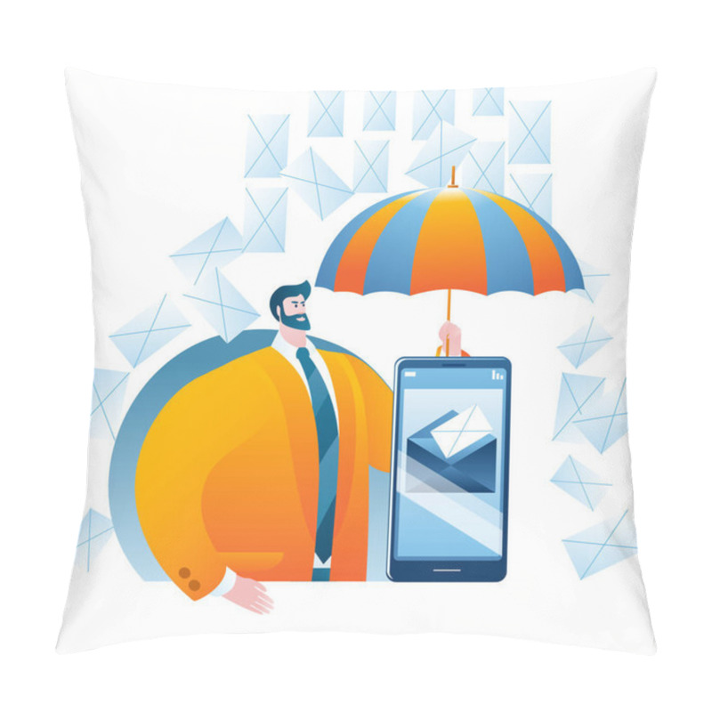 Personality  The Man With The Umbrella Protects The Mail Server On The Smartphone From Spam. Pillow Covers