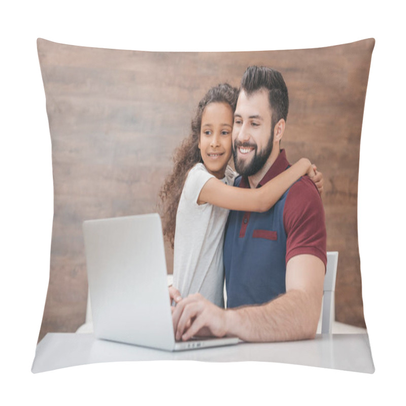 Personality  Father And Daughter With Laptop Pillow Covers