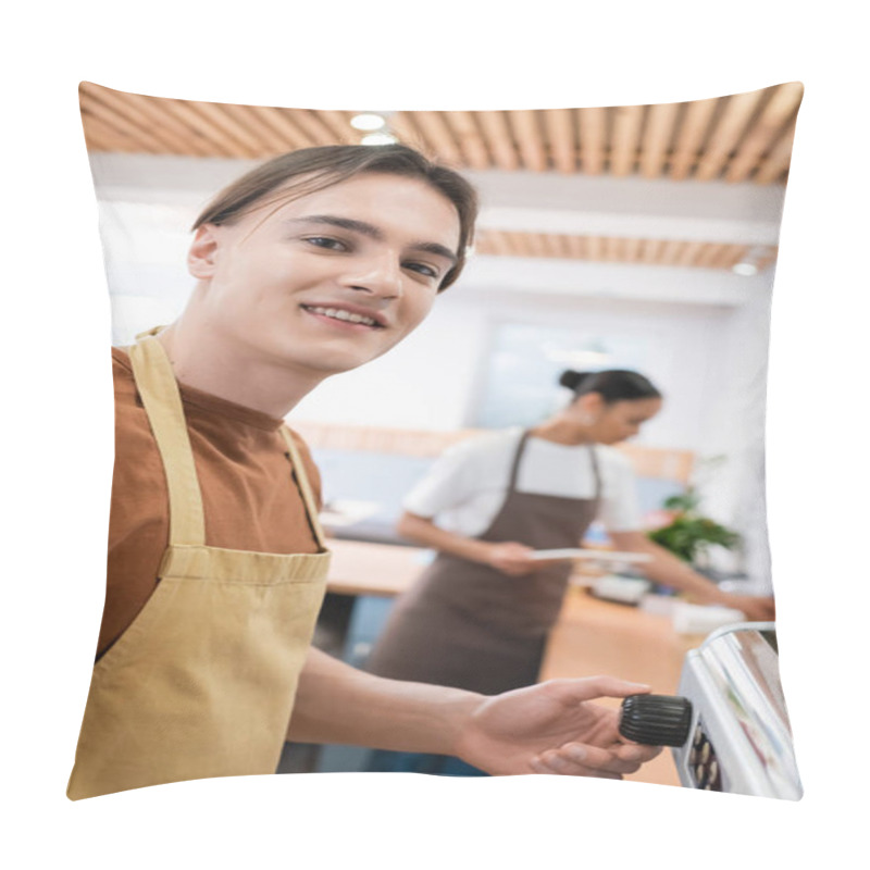 Personality  Smiling Barista In Apron Looking At Camera Near Coffee Machine In Sweet Shop  Pillow Covers