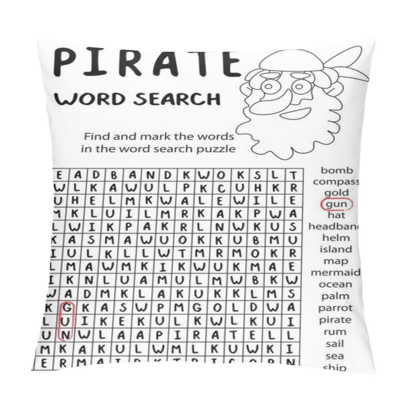 Personality  Pirate Themed Word Search Puzzle Stock Vector Illustration. Black And White Vertical Children Worksheet With 18 English Words To Find. Educational Funny Pirate Game With Coloring And Word Search. Pillow Covers