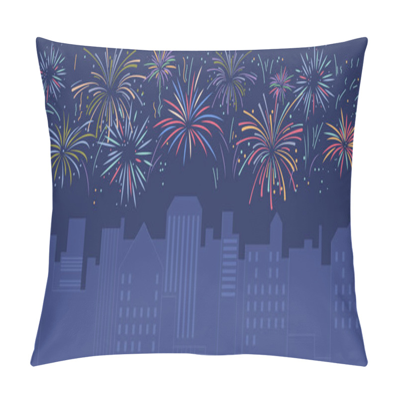 Personality  Fireworks In Big Megapolis City, Night Sky In Blasts, Anniversary Celebration. Vector Illustration Of Festive Background, Sparkling Lights And Skyscrapers Silhouettes, Cityscape View Pillow Covers