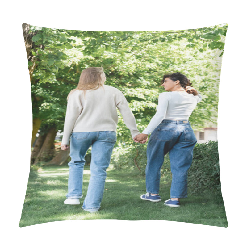 Personality  Full Length Of Pleased Lesbian Couple In Jeans Holding Hands And Walking Outside  Pillow Covers