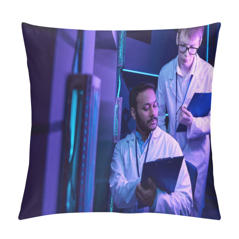 Personality  Futuristic Mentorship: Hindu Male Scientist Presents Data To Intern In Future Science Center Pillow Covers