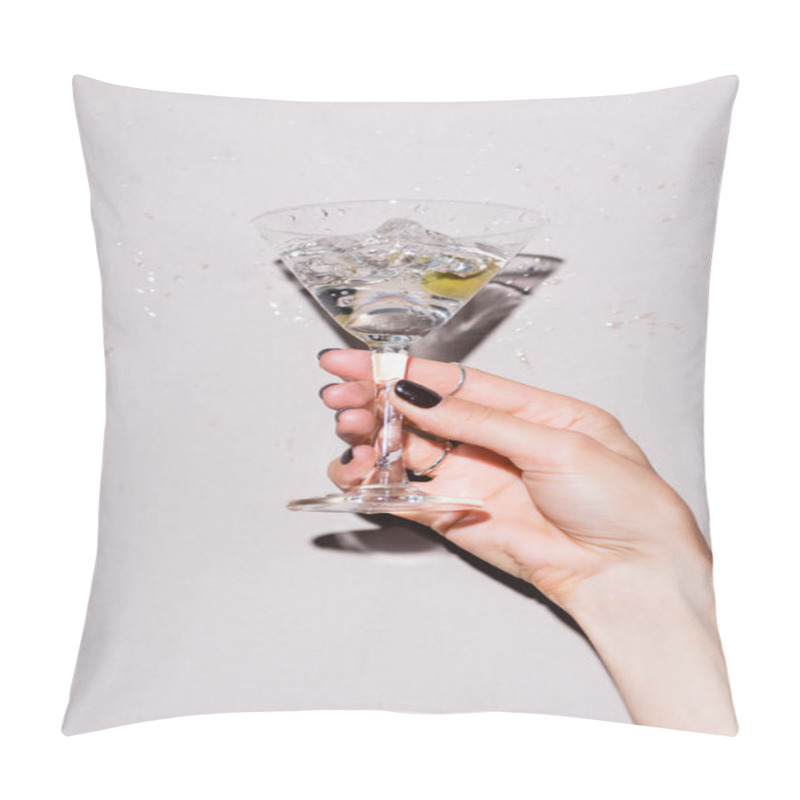 Personality  Cropped View Of Woman Shaking Glass Of Martini With Olive Near Drops Of Alcohol On White Pillow Covers