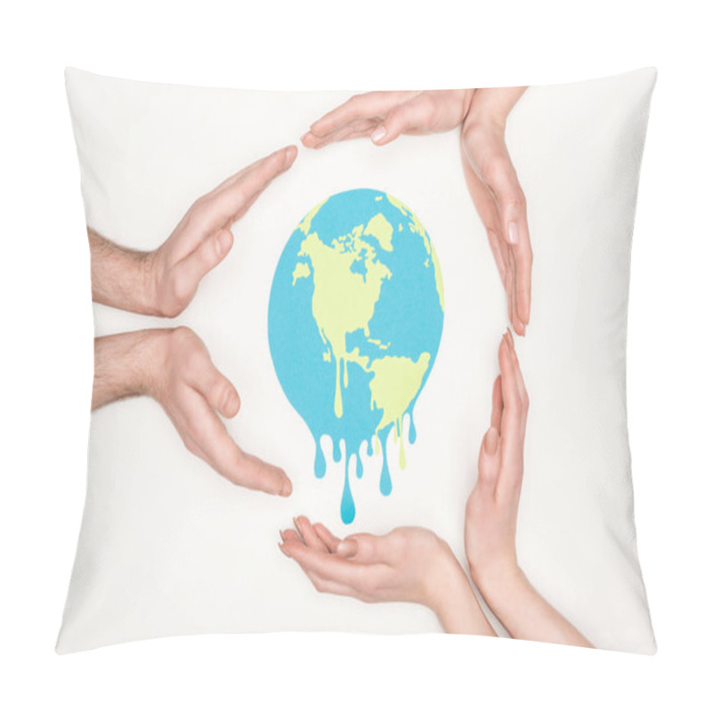 Personality  Cropped View Of Women And Men Surrounding Paper Cut Melting Globe With Hands On White Background, Global Warming Concept Pillow Covers