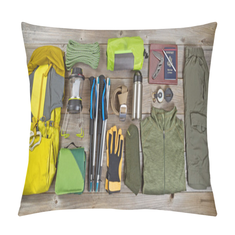 Personality  Hiking And Camping Gear Organized On Rustic Wooden Boards  Pillow Covers