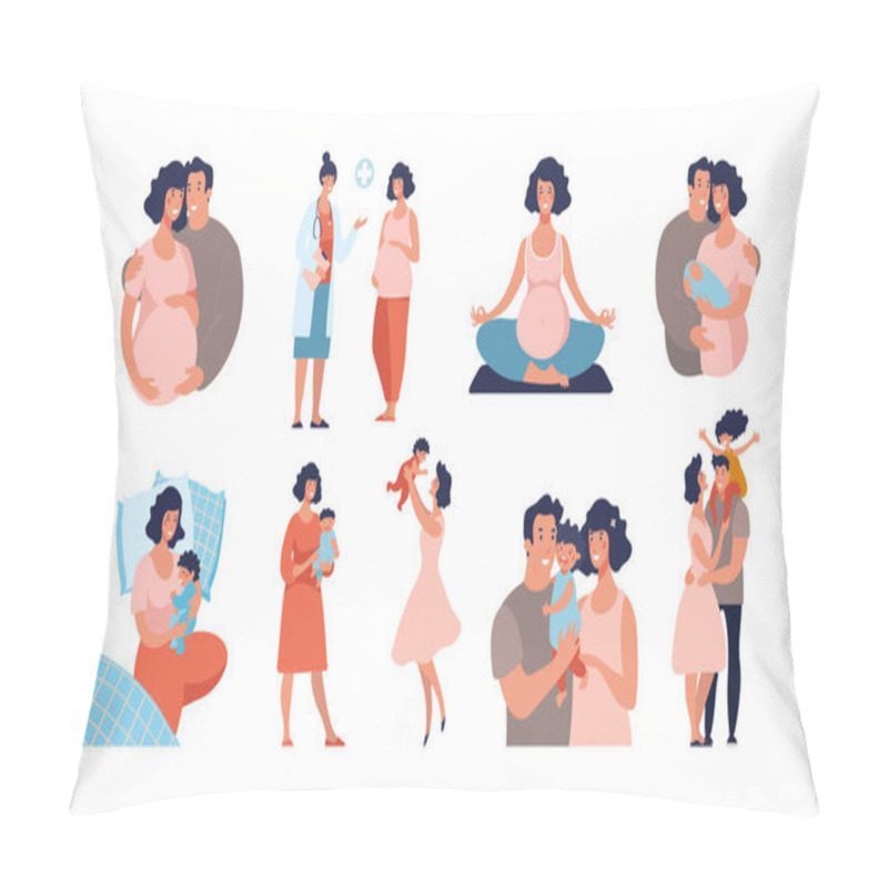 Personality  Set About Pregnancy And Motherhood. Dad And Mom With A Baby, The Child Is Growing, Visit Doctor, Yoga For Pregnant Women, A Happy Family. Flat Vector Cartoon Illustration Isolated On White Background. Pillow Covers