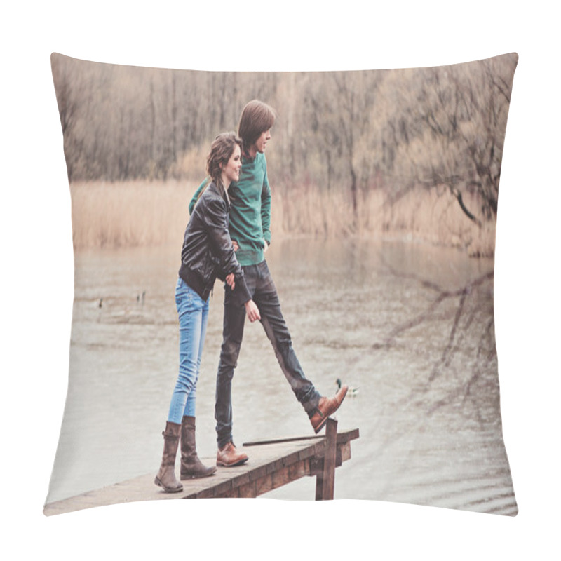 Personality  Happy Young Loving Couple Walking On Countryside In Early Spring Rainy Day. Pillow Covers