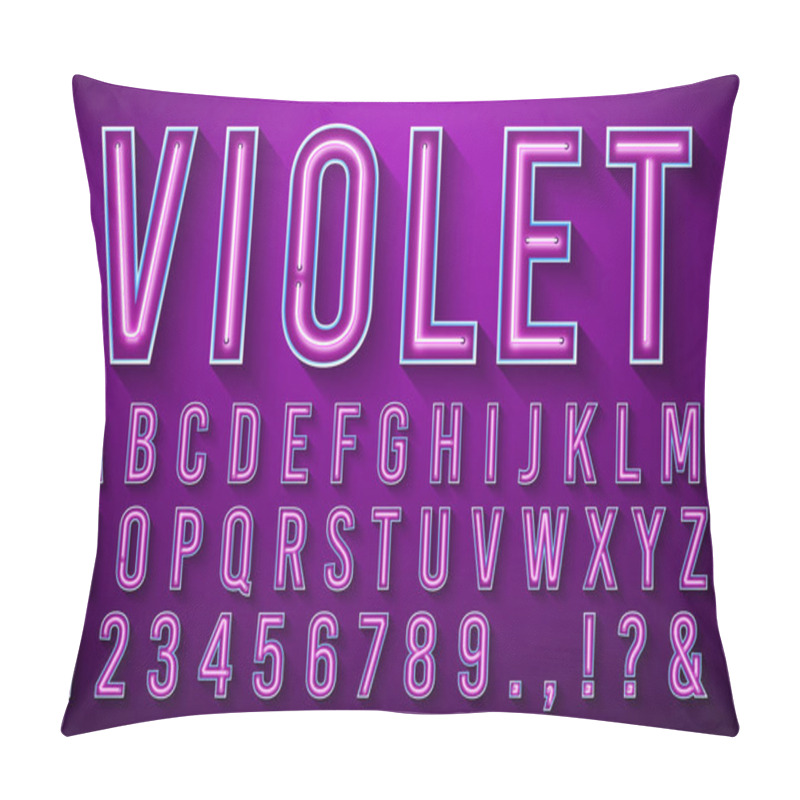 Personality  Bright Neon Letters. Violet Glowing Font, Light Box Alphabet And Neons Lights Lettering With Shadow 3d Vector Illustration Set Pillow Covers