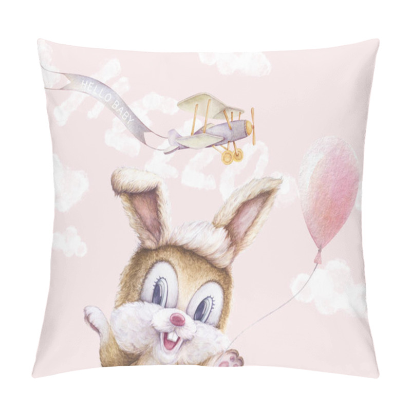 Personality  Watercolor Rabbit, Balloon, Sky Clouds. Airplane Fly With Ribbon. Hand Lettering. Hello. Light Pink Background. Nursery Wall Art.  Pillow Covers