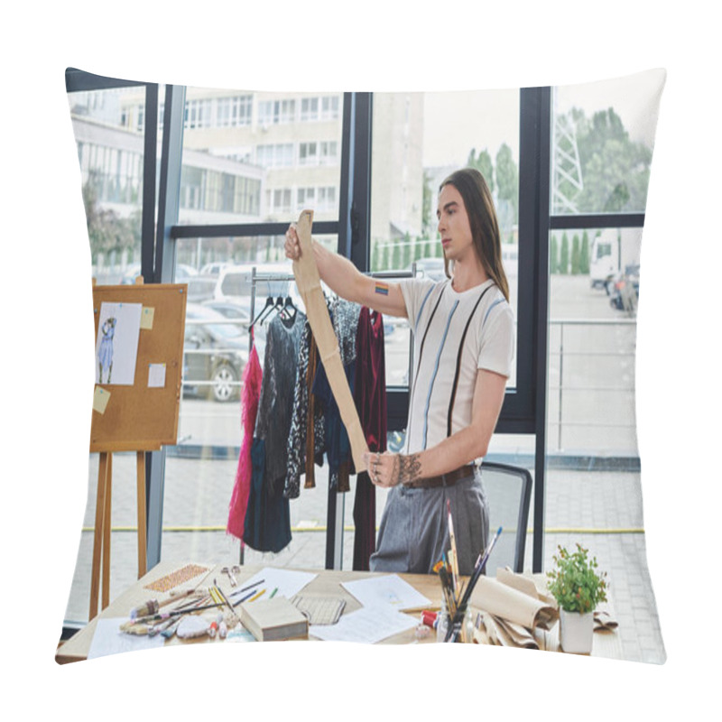 Personality  A Young Man Measures Fabric In His Clothing Restoration Atelier, Showcasing His Passion For Sustainability. Pillow Covers