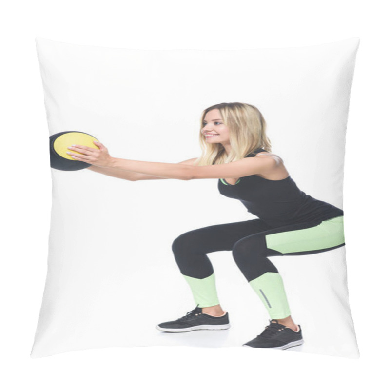 Personality  Sporty Young Woman Doing Squats With Medicine Ball Isolated On White Pillow Covers