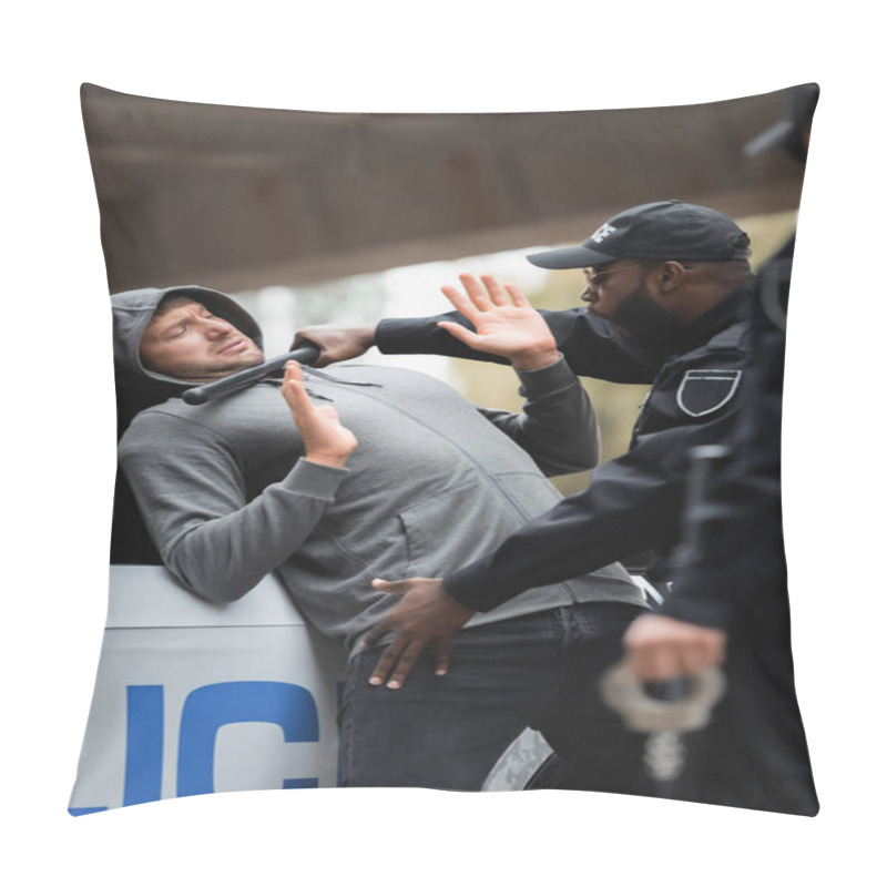 Personality  African American Policeman With Truncheon Frisking Hooded Offender With Raised Hands On Blurred Foreground Outdoors Pillow Covers