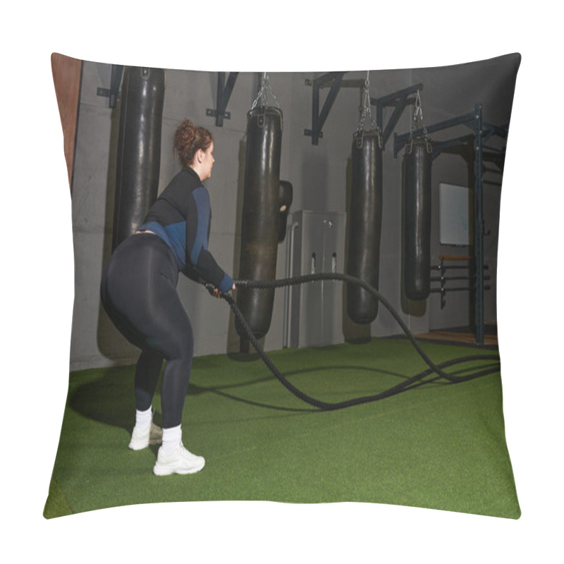 Personality  Engaging In Intense Battle Rope Drills Aimed At Building Strength And Stamina Indoors At The Gym. Pillow Covers