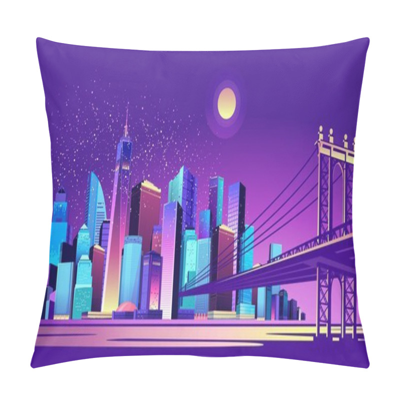 Personality  Vector Horizontal Illustration Of Night Cityscape Through The Canal Passes A Huge Bridge Connecting Two Districts Of The City, Exposed To Moonlight Pillow Covers