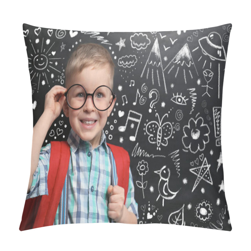 Personality  Cute Little Child In Glasses Near Chalkboard With Different Drawings. First Time At School Pillow Covers