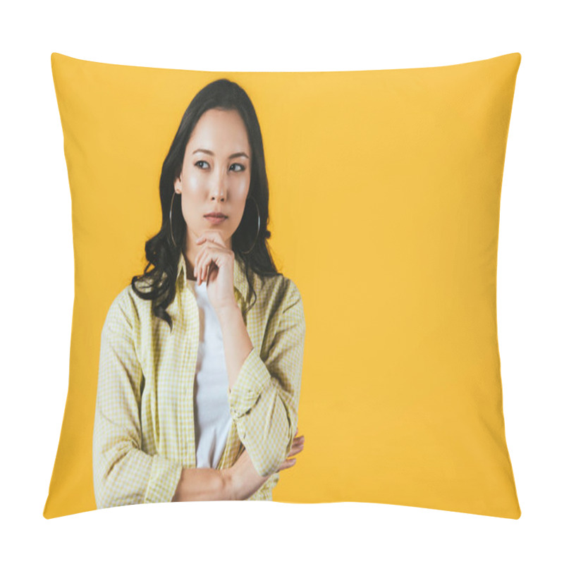 Personality  Pensive Brunette Asian Girl Isolated On Yellow Pillow Covers