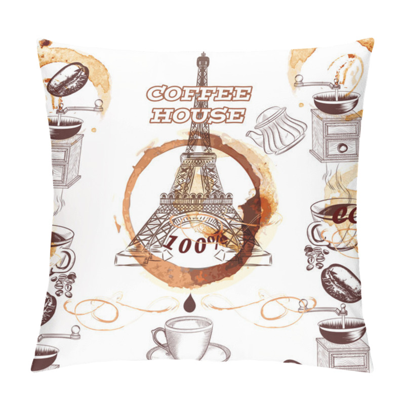 Personality  Coffee Vector Background With Hand Drawn Eiffel Tower And Coffee Pillow Covers