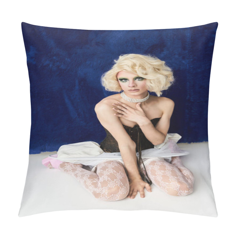 Personality  A Vibrant Drag Queen Showcases Bold Style And Poise In A Striking Pose. Pillow Covers