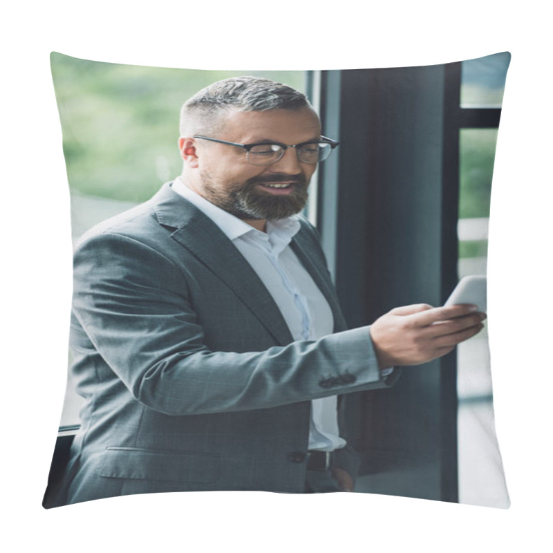 Personality  Handsome Businessman In Formal Wear And Glasses Holding Smartphone  Pillow Covers