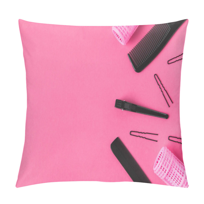 Personality  Top View Of Hairdressing Tools, Isolated On Pink Pillow Covers