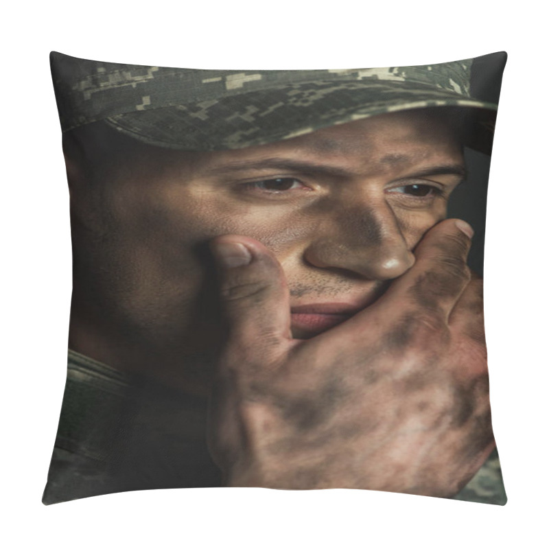 Personality  Stressed Soldier With Dirt On Face Touching Face And Looking Away While Suffering From Ptsd Isolated On Grey  Pillow Covers