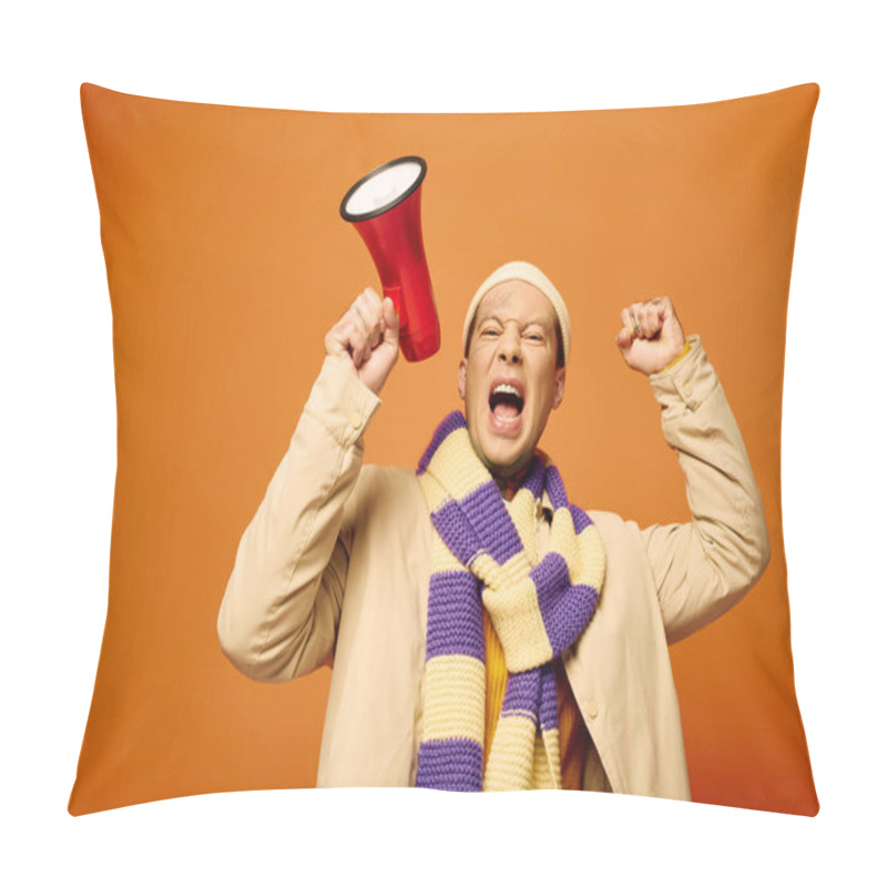 Personality  A Young Man Adorned With Tattoos Energetically Shouts Into A Megaphone, Expressing Excitement. Pillow Covers