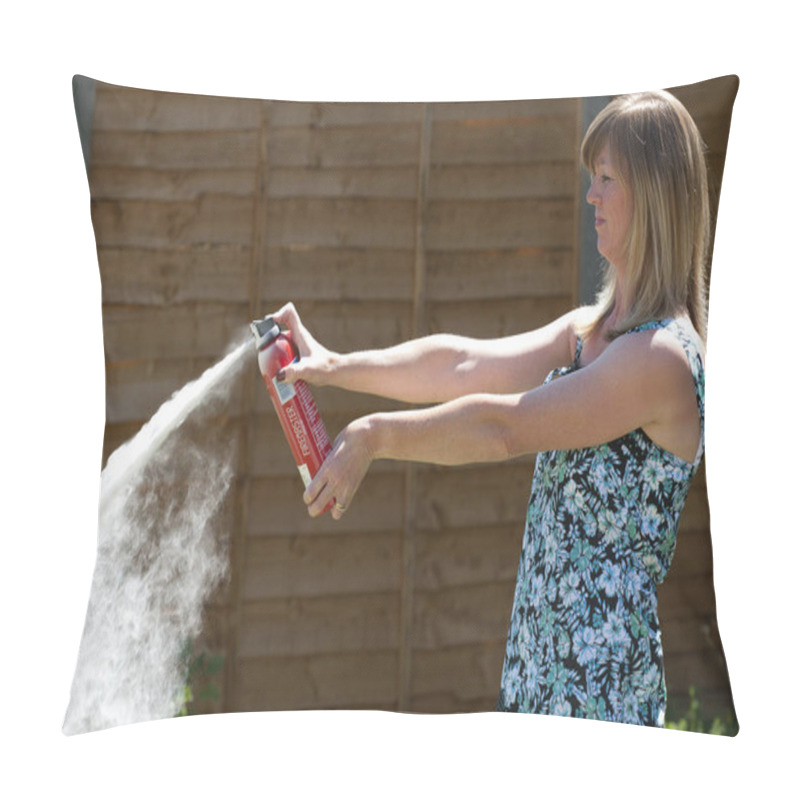 Personality  Woman Using A Dry Powder  Fire Extinguisher Pillow Covers