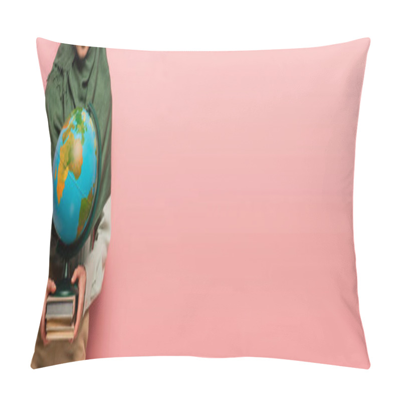 Personality  Partial View Of Muslim Teacher With Globe And Books On Pink Background, Banner Pillow Covers