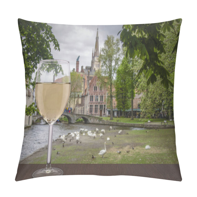 Personality  Glass Of White Wine In Bruges, Belgium. View Of Park With Swans And Historic Old Town In Bruges. Pillow Covers