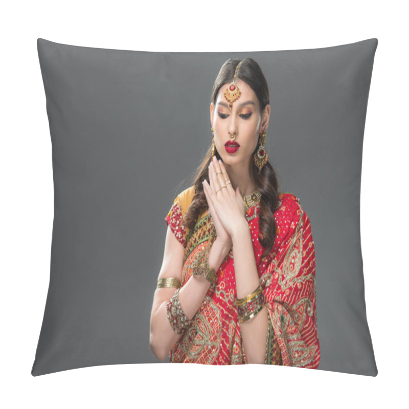 Personality  Attractive Indian Woman In Sari And Accessories Gesturing, Isolated On Grey  Pillow Covers