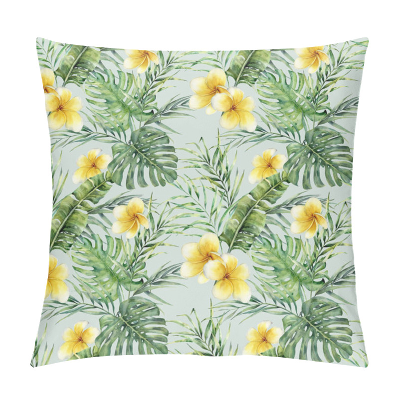 Personality  Watercolor Plumerial And Palm Leaves Pattern. Hand Painted Tropical Frangipani With Monstera And Palm Leaves Isolated On Blue Background. Botanical Illustration For Design, Print, Fabric, Background. Pillow Covers