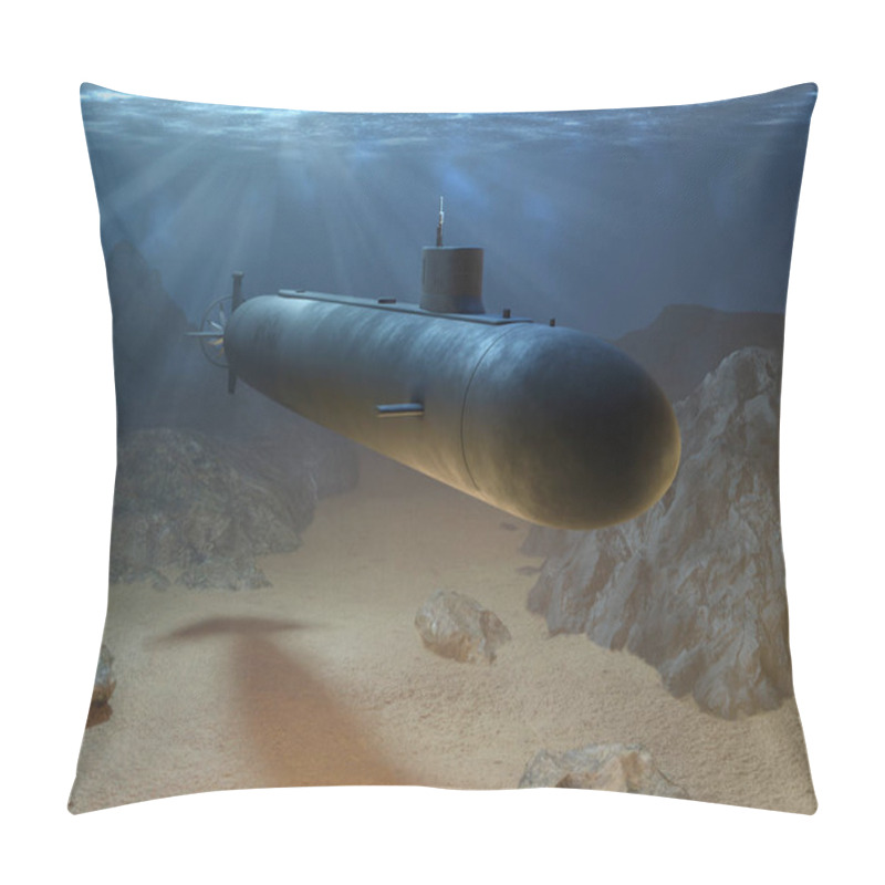 Personality  Nuclear Submarine Cruising In The Deep Of The Ocean. Digital Illustration, 3d Render. Pillow Covers