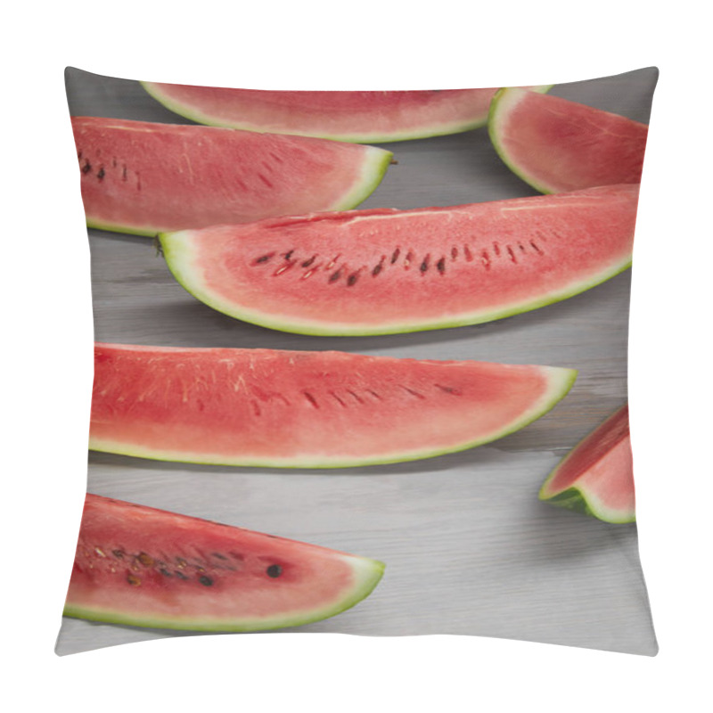 Personality  Food Composition With Fresh Watermelon Slices On Grey Wooden Surface Pillow Covers