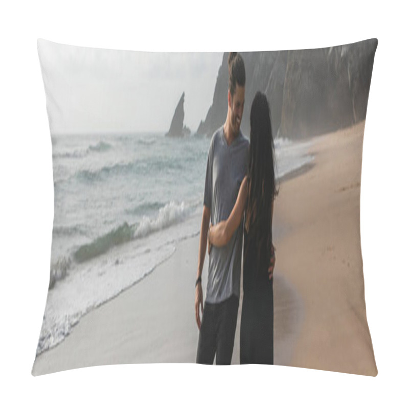 Personality  Happy Man Dancing With Girlfriend In Dress On Wet Sand Near Ocean, Banner Pillow Covers