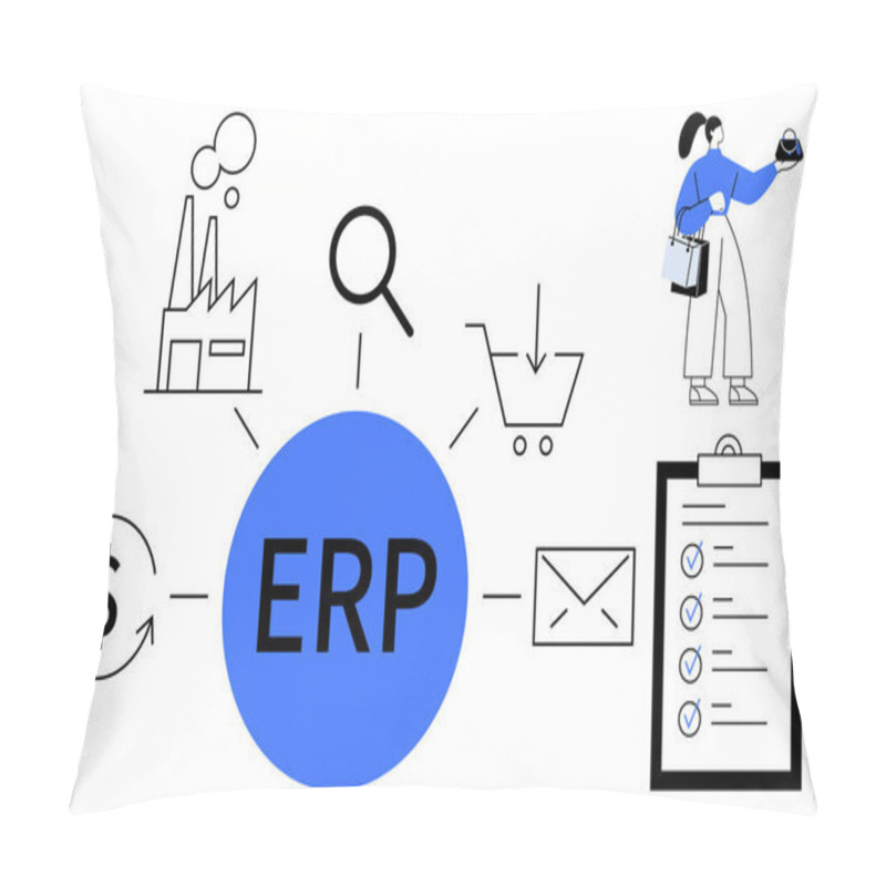 Personality  ERP At Center Connecting Manufacturing, Purchasing, Finances, And Customer Service. Ideal For Business Integration, Operational Efficiency, Process Optimization, Resource Management, Productivity Pillow Covers