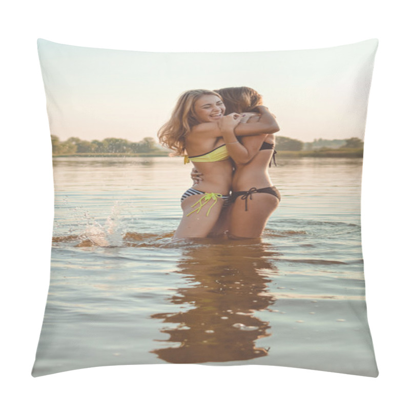 Personality  Picture Of 2 Beautiful Young Women Best Friends Having Fun Hugging In The Water On Sunny Outdoors Background Copy Space Pillow Covers