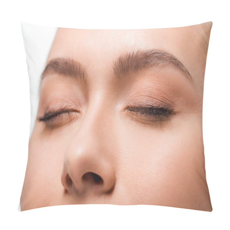 Personality  Cropped View Of Woman With Closed Eyes Isolated On White  Pillow Covers