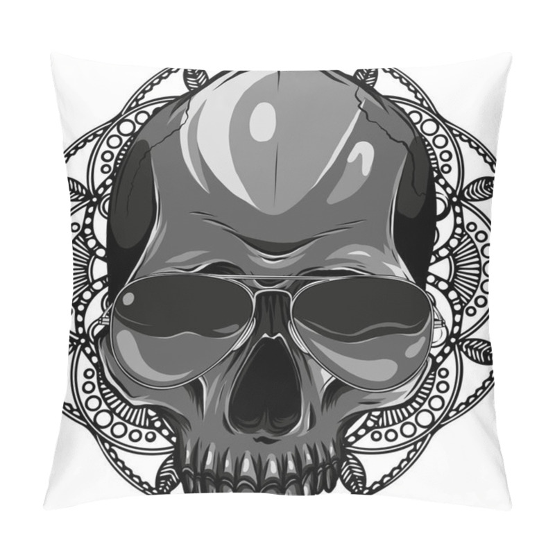 Personality  Illustration Of Skull With Sunglasses And Mandala On Background Pillow Covers