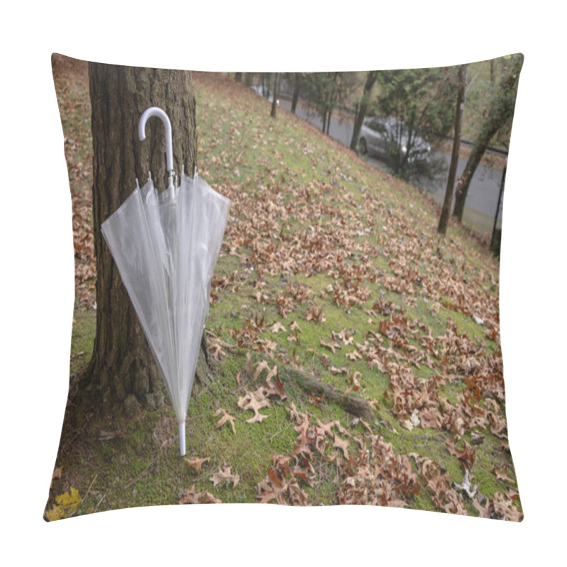 Personality  A Transparent Umbrella Leaning Against A Tree Trunk On A Mossy Ground Covered With Scattered Autumn Leaves, Evoking A Peaceful Autumnal Scene In A Serene Park Setting. Pillow Covers